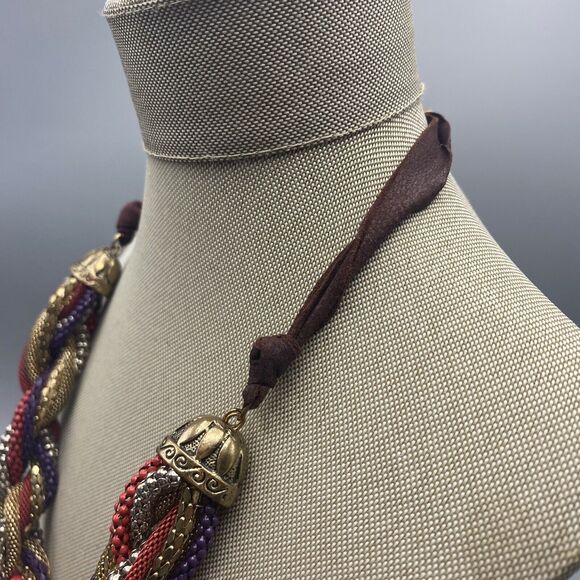 Ali-Khan Braided Mesh Chain Beaded Ribbon Necklace Multicolor Metallic‎ New York - Picture 5 of 7